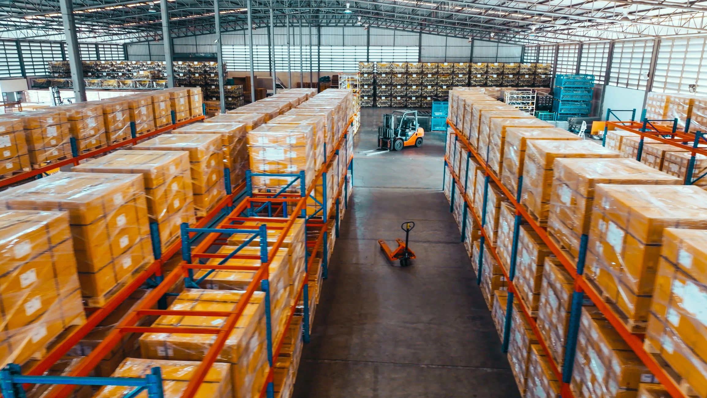 Warehouse shelves with packaged goods