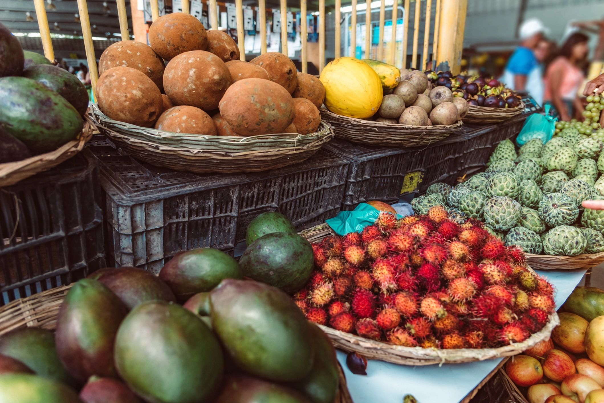 Baskets of tropical fruits at a market